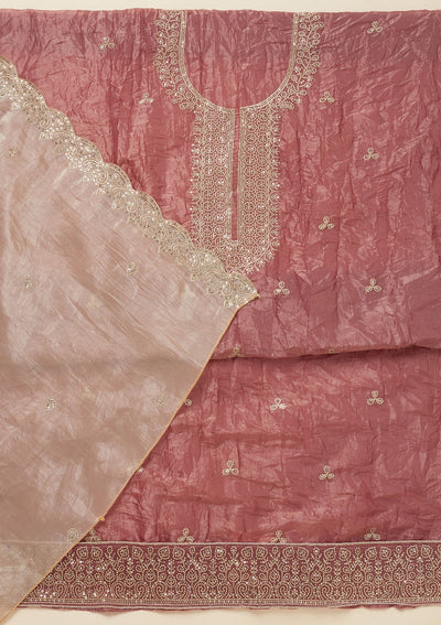 Onion Pink Threadwork Semi Crepe Unstitched Salwar Suit-Koskii