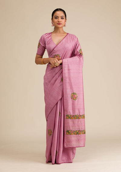 Onion Pink Threadwork Silk Saree-Koskii