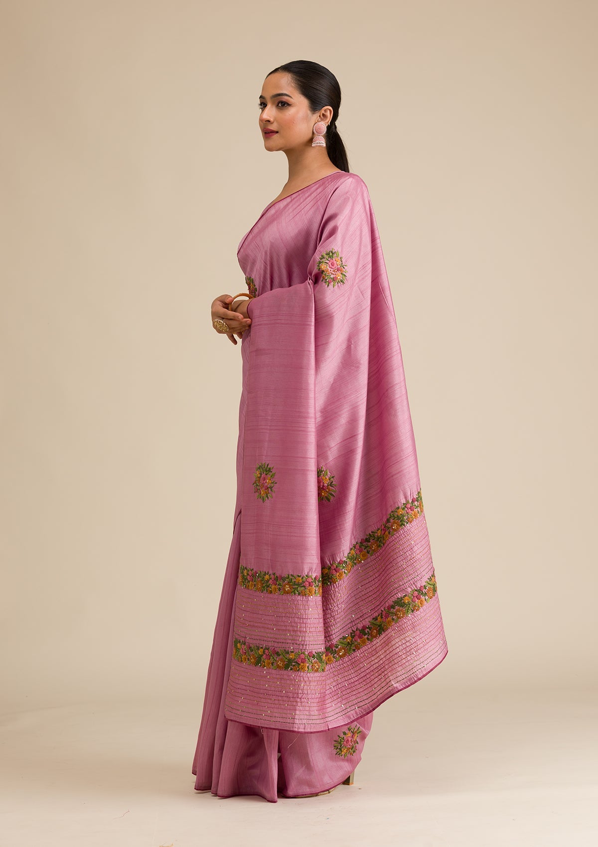 Onion Pink Threadwork Silk Saree-Koskii