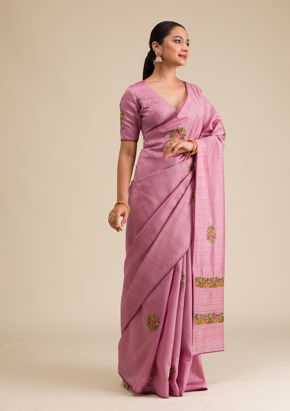 Onion Pink Threadwork Silk Saree-Koskii