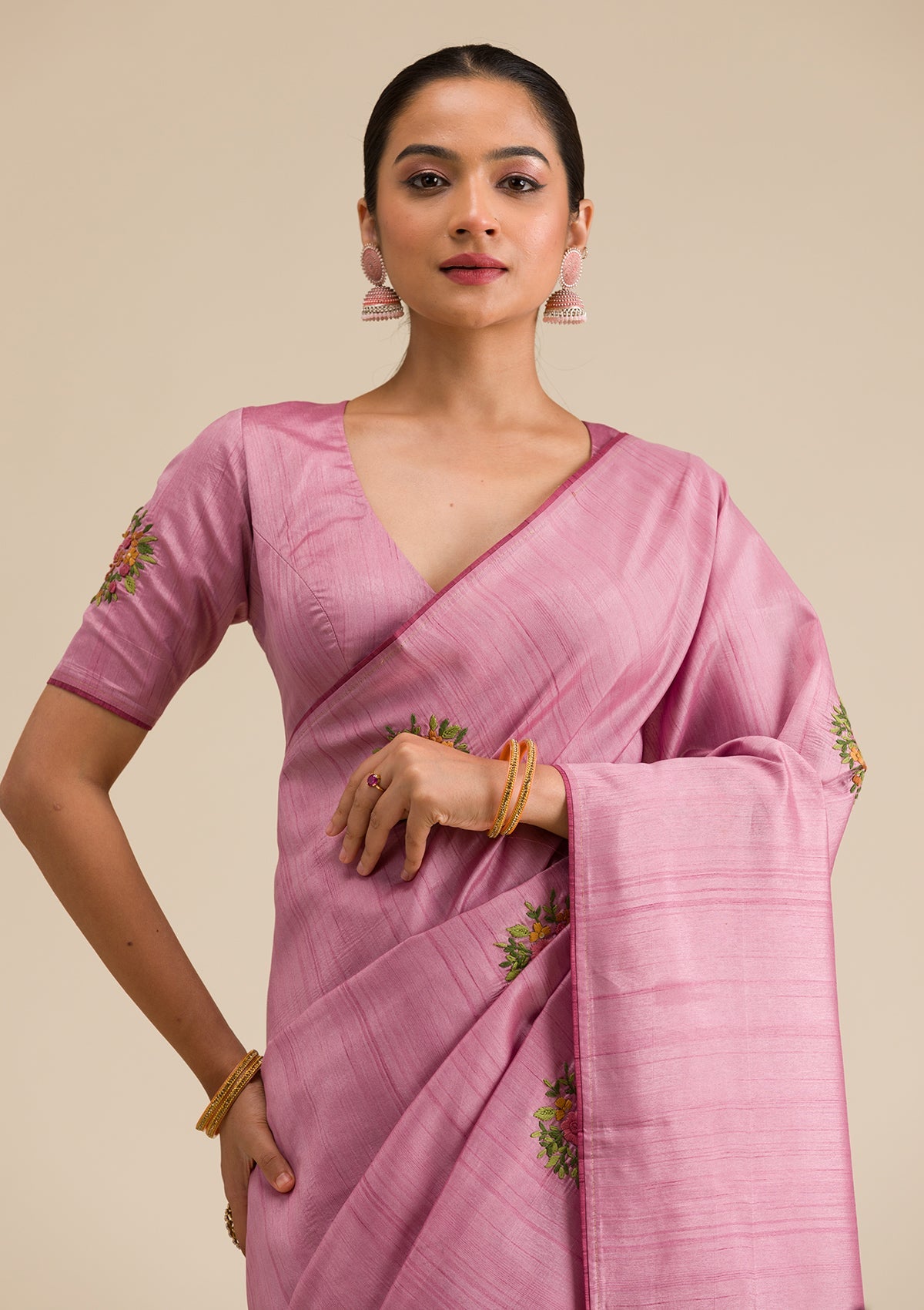 Onion Pink Threadwork Silk Saree-Koskii