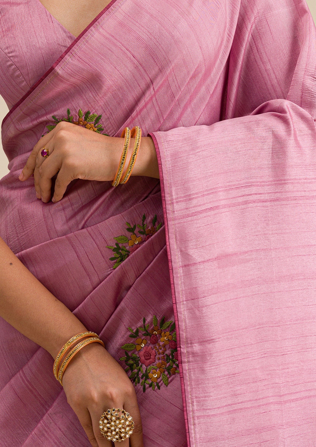 Onion Pink Threadwork Silk Saree-Koskii