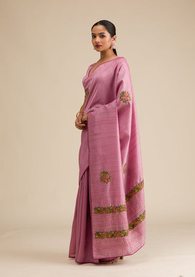 Onion Pink Threadwork Silk Saree-Koskii