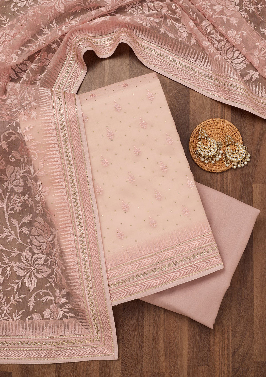 Onion Pink Threadwork Tissue Unstitched Salwar Suit-Koskii