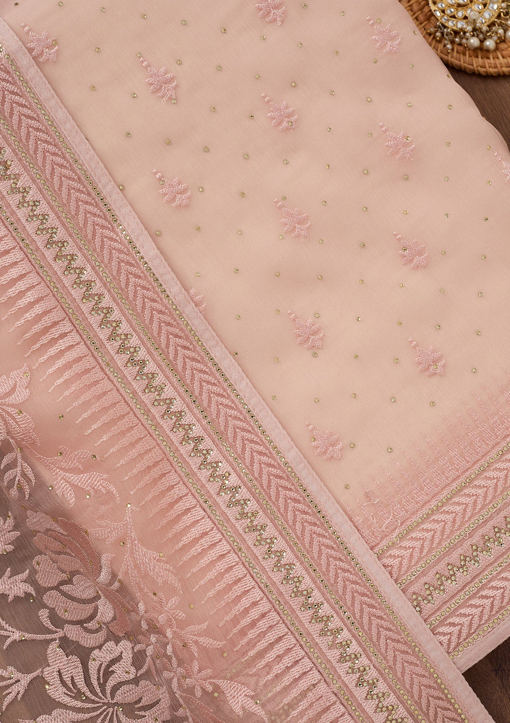 Onion Pink Threadwork Tissue Unstitched Salwar Suit-Koskii