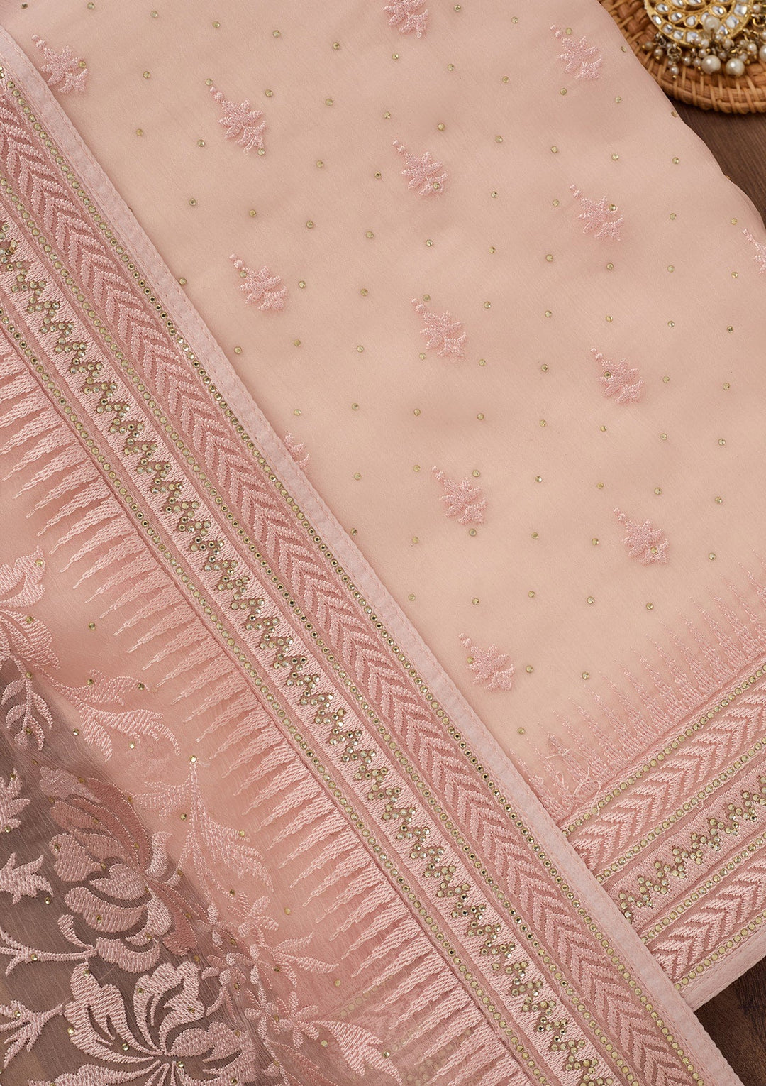 Onion Pink Threadwork Tissue Unstitched Salwar Suit-Koskii