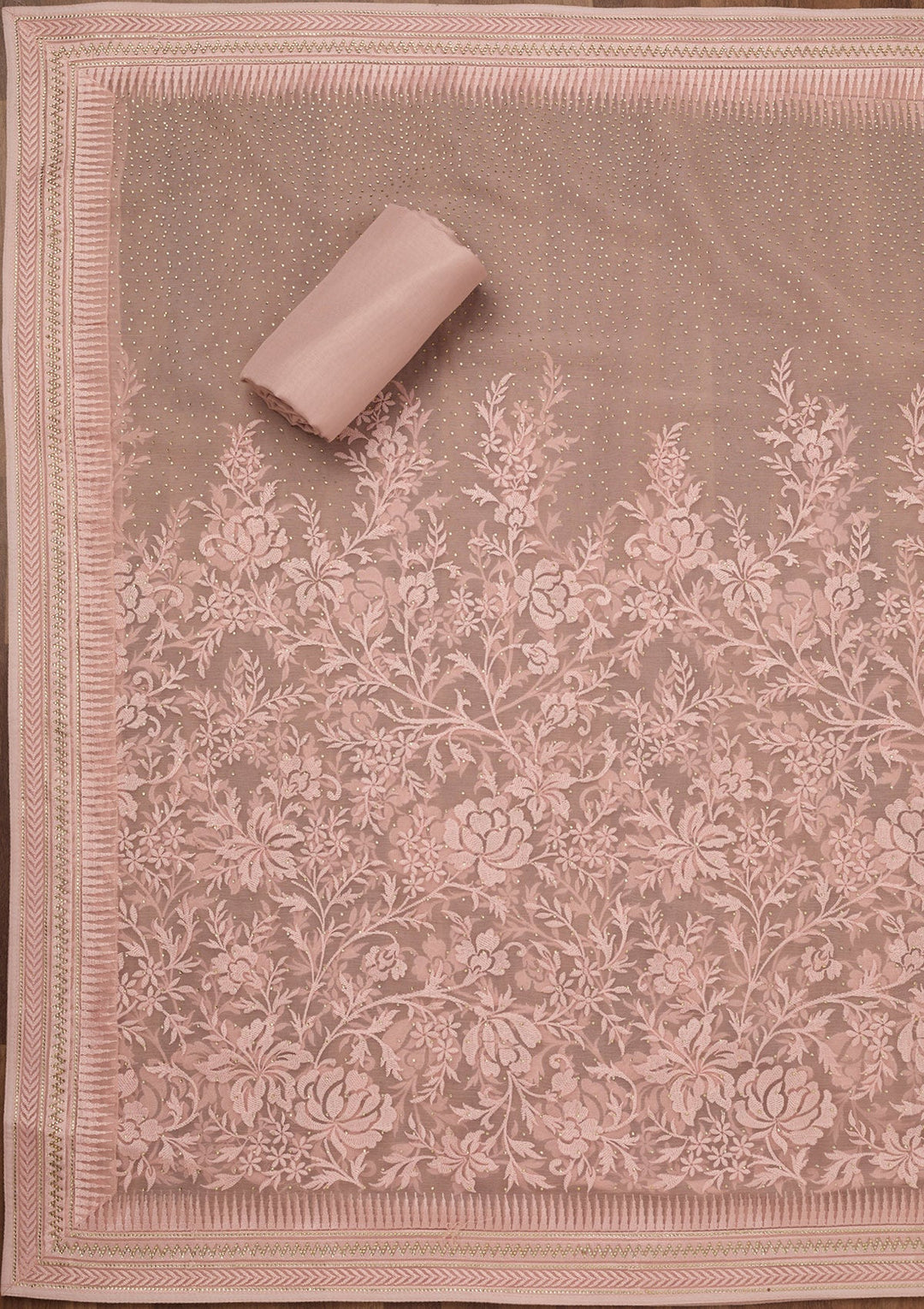 Onion Pink Threadwork Tissue Unstitched Salwar Suit-Koskii