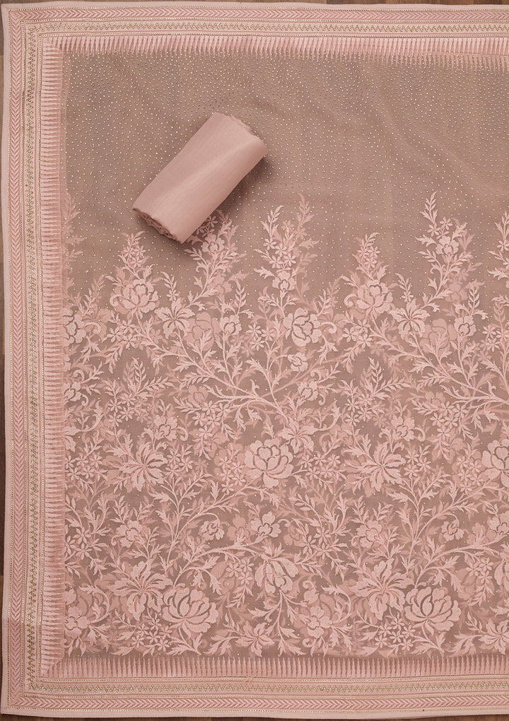 Onion Pink Threadwork Tissue Unstitched Salwar Suit-Koskii