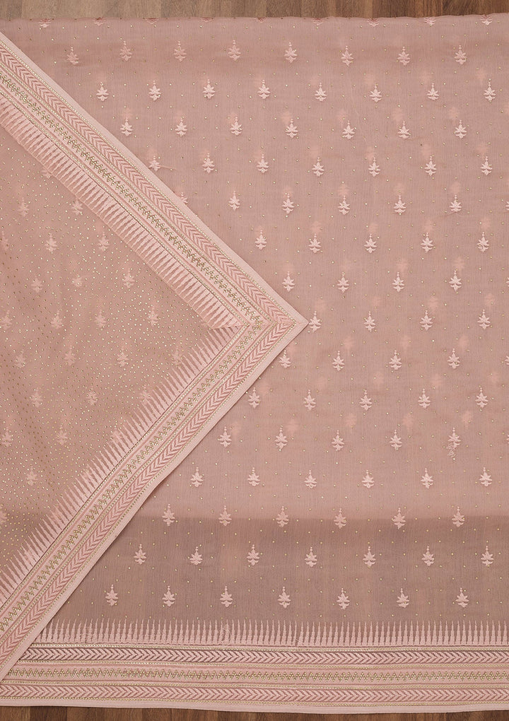 Onion Pink Threadwork Tissue Unstitched Salwar Suit-Koskii