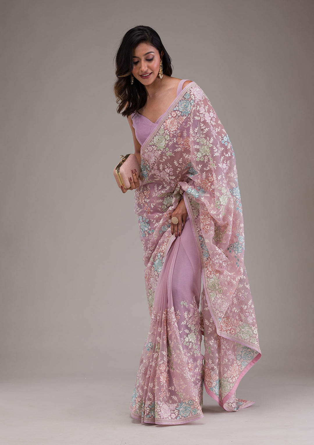 Onion Pink Threadwork Tissue Saree-Koskii