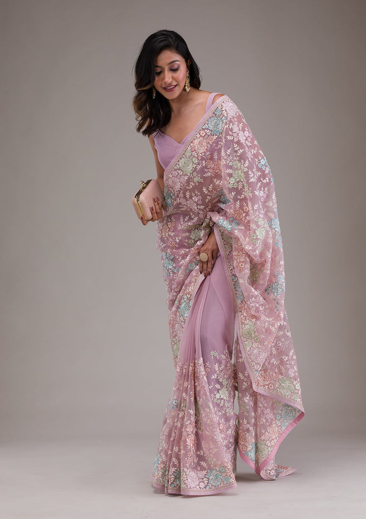 Onion Pink Threadwork Tissue Saree-Koskii