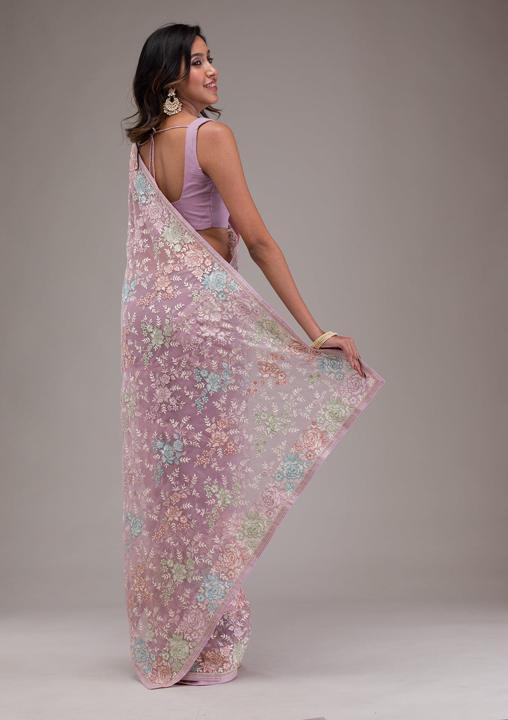 Onion Pink Threadwork Tissue Saree-Koskii