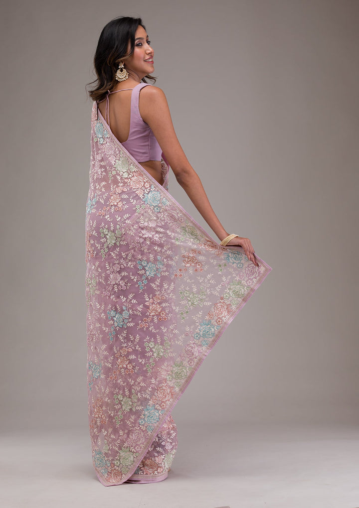 Onion Pink Threadwork Tissue Saree-Koskii