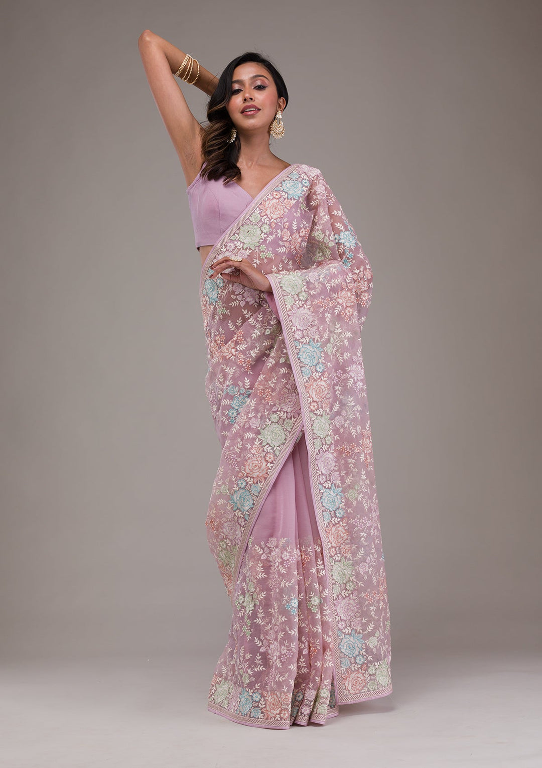 Onion Pink Threadwork Tissue Saree-Koskii
