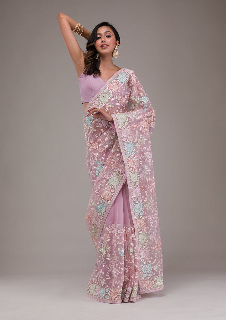 Onion Pink Threadwork Tissue Saree-Koskii