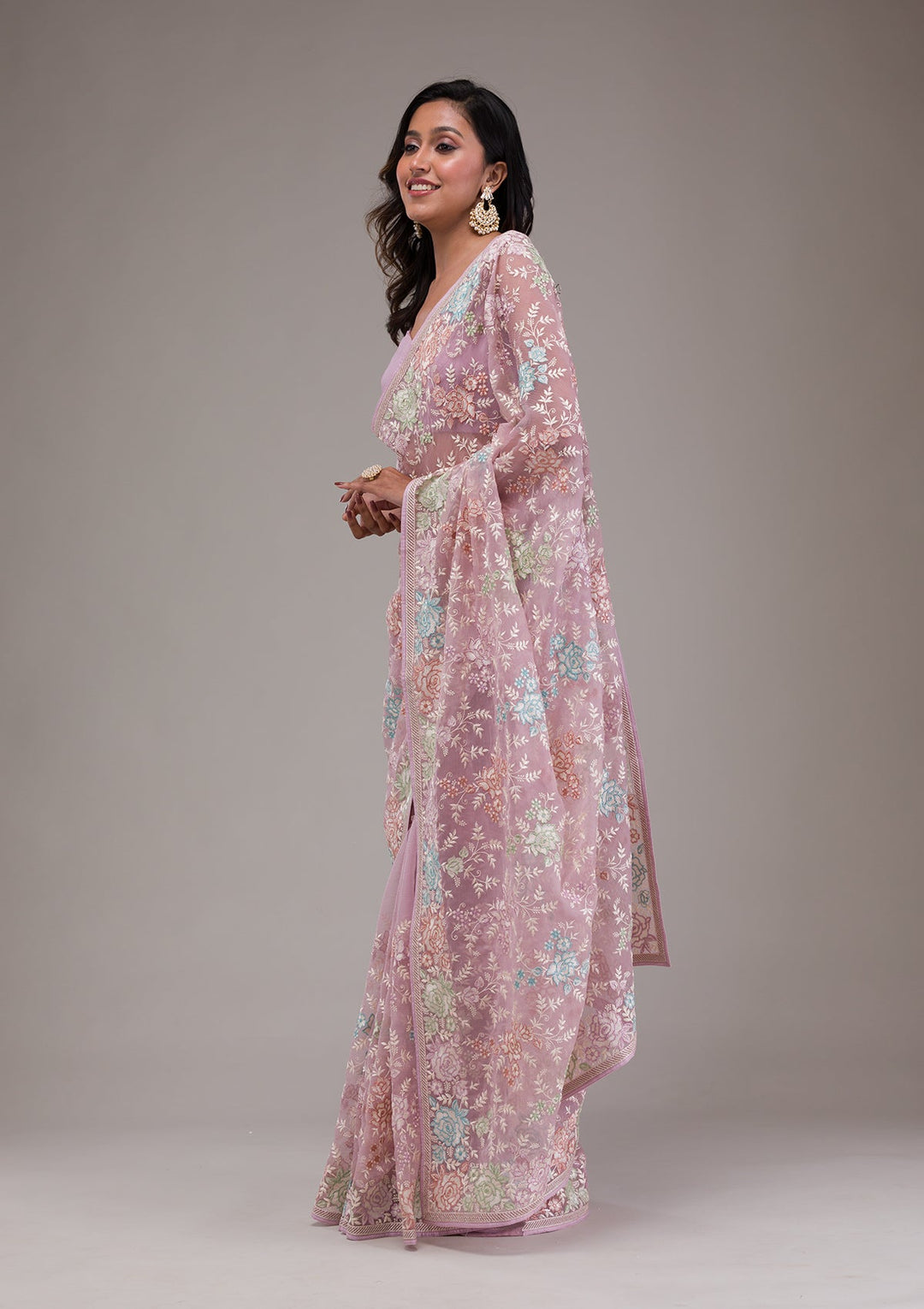 Onion Pink Threadwork Tissue Saree-Koskii