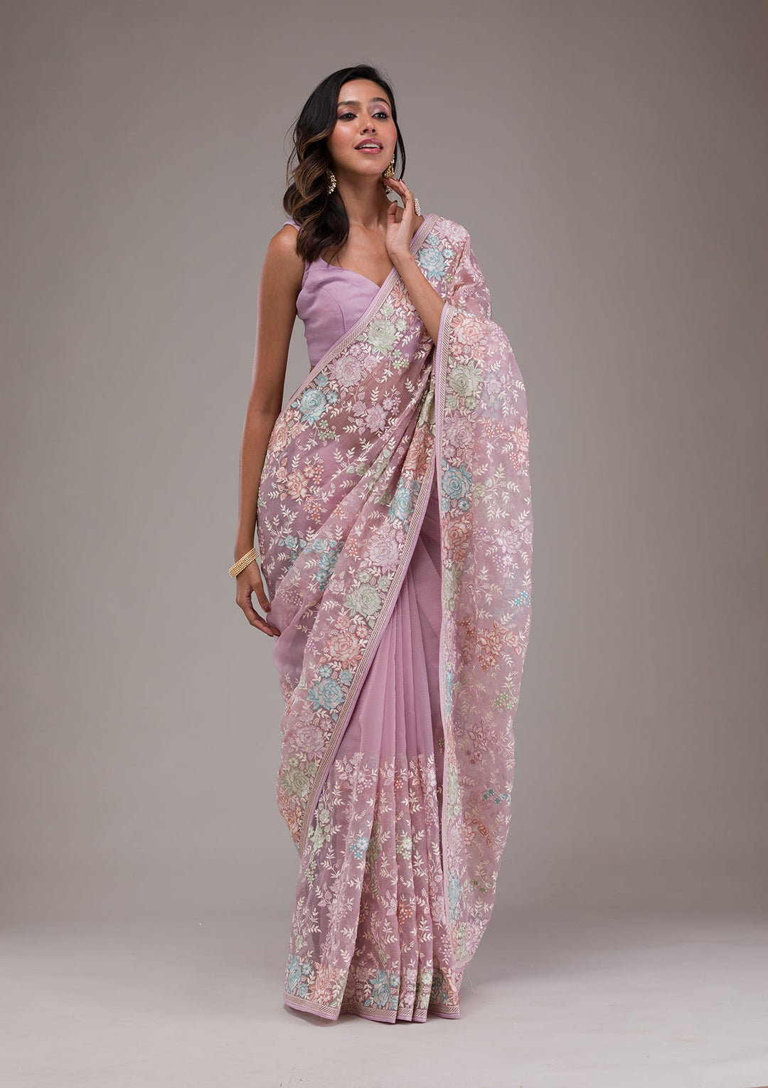 Onion Pink Threadwork Tissue Saree-Koskii