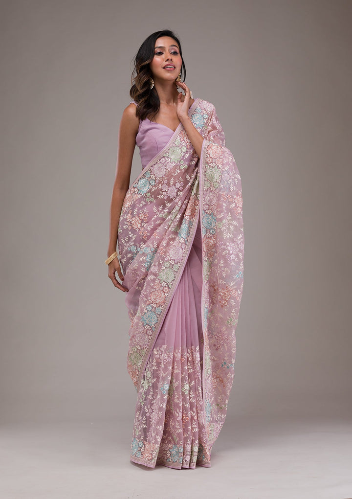 Onion Pink Threadwork Tissue Saree-Koskii