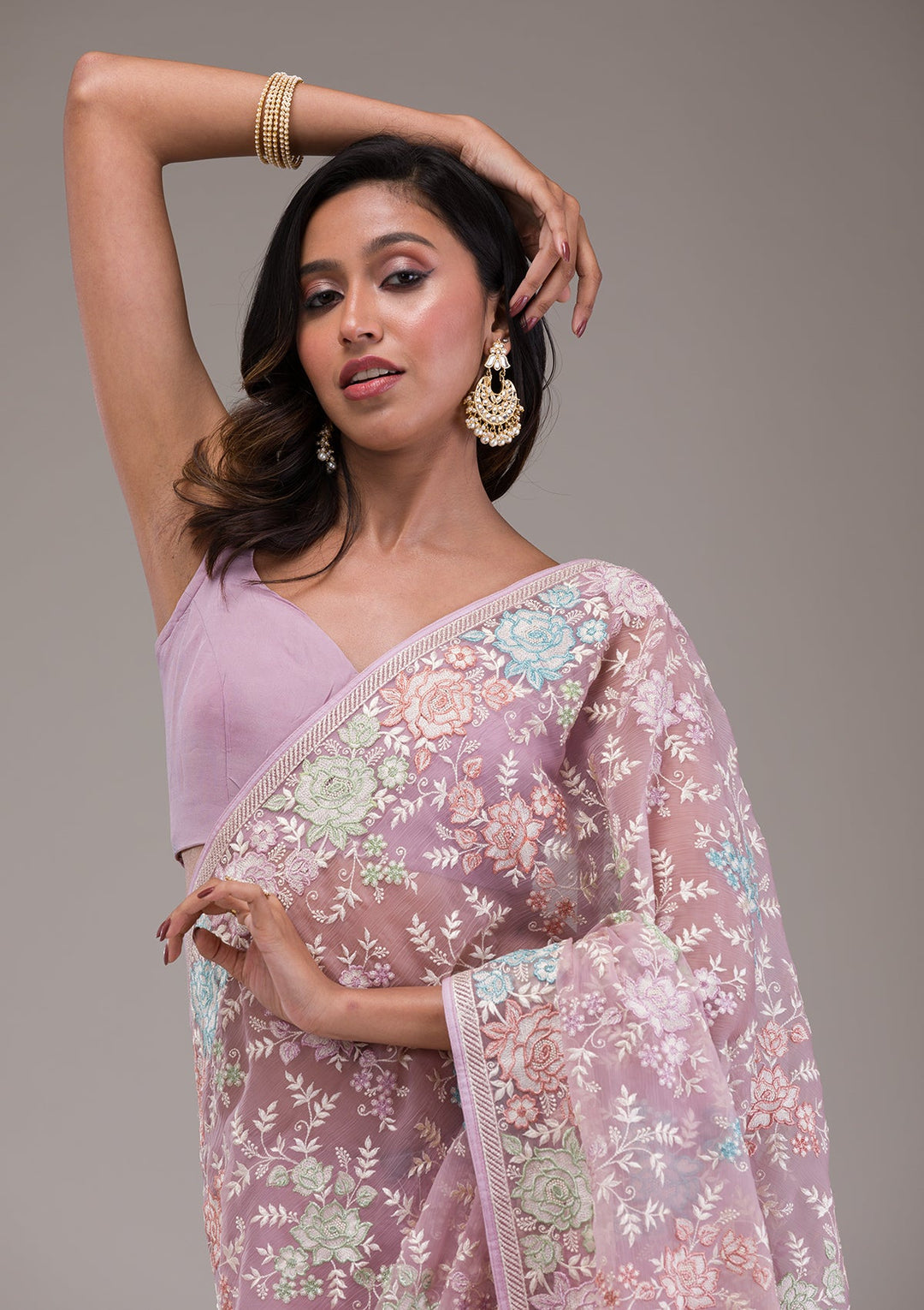 Onion Pink Threadwork Tissue Saree-Koskii
