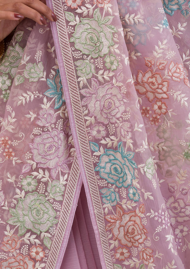 Onion Pink Threadwork Tissue Saree-Koskii