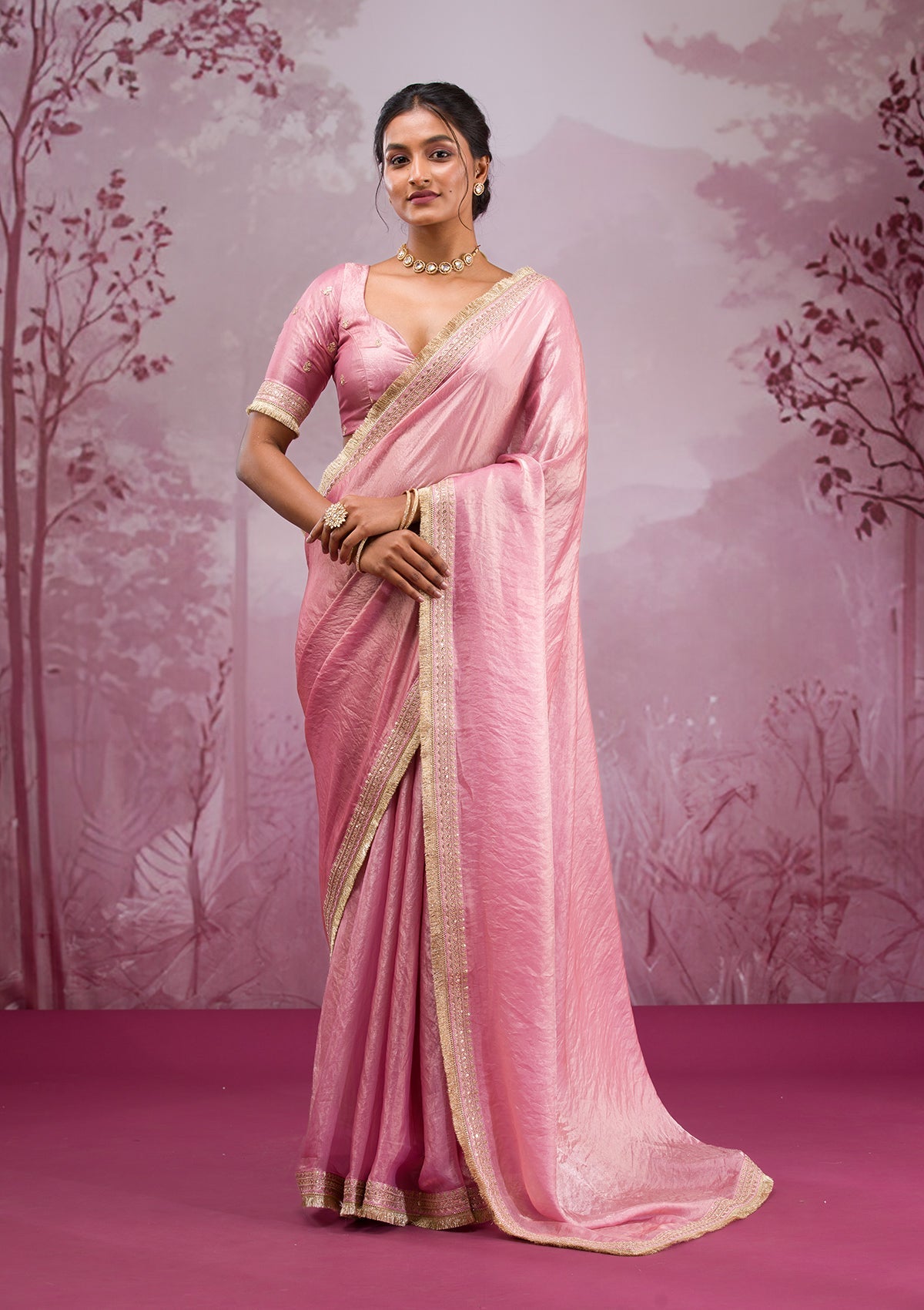 Onion Pink Threadwork Tissue Saree-Koskii