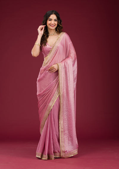 Onion Pink Threadwork Tissue Saree