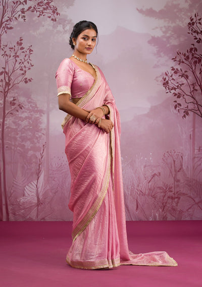 Onion Pink Threadwork Tissue Saree-Koskii