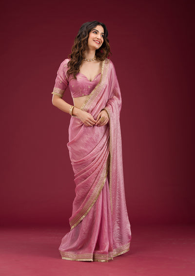 Onion Pink Threadwork Tissue Saree