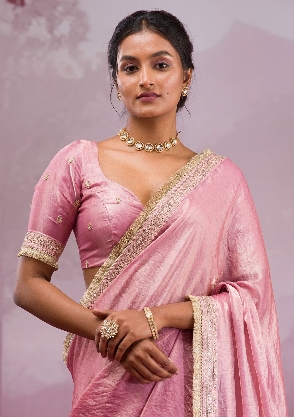 Onion Pink Threadwork Tissue Saree-Koskii