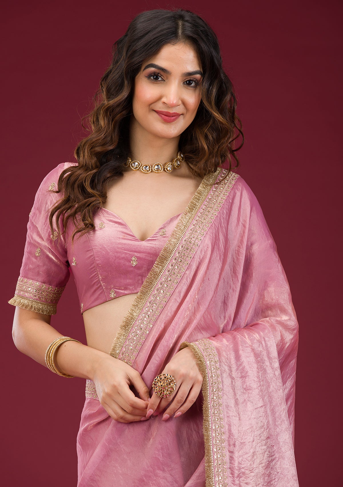 Onion Pink Threadwork Tissue Saree