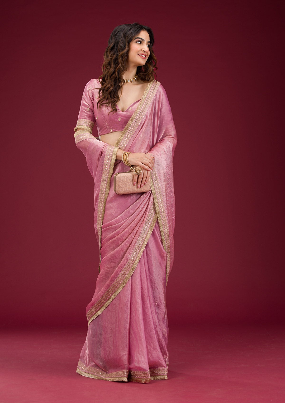 Onion Pink Threadwork Tissue Saree