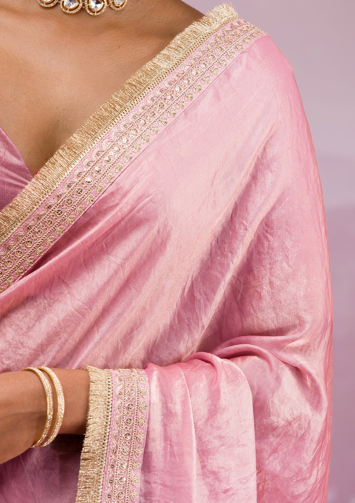 Onion Pink Threadwork Tissue Saree-Koskii