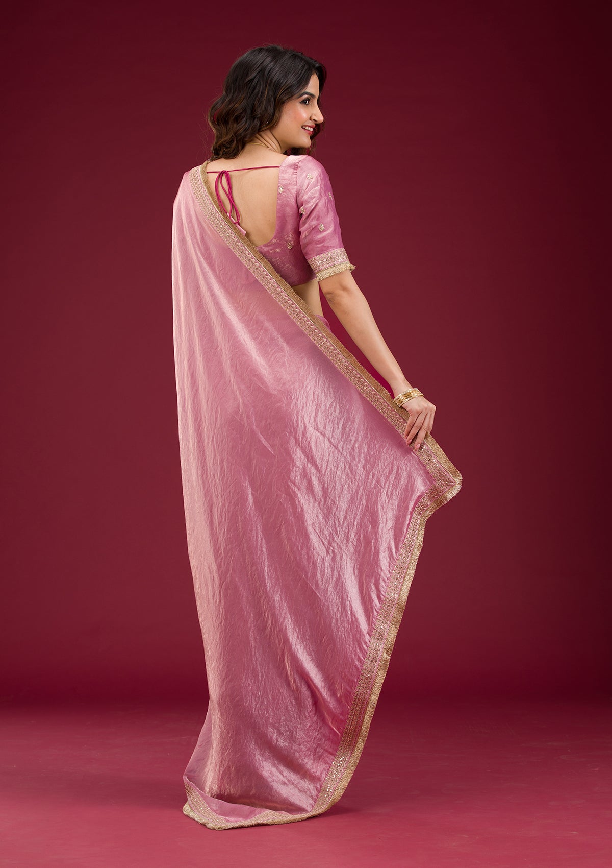 Onion Pink Threadwork Tissue Saree