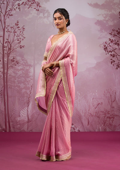 Onion Pink Threadwork Tissue Saree-Koskii