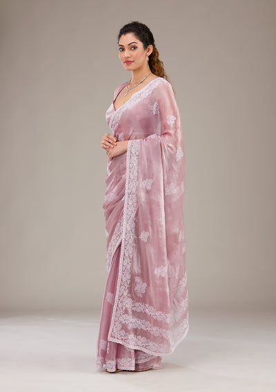 Onion Pink Threadwork Tissue Saree