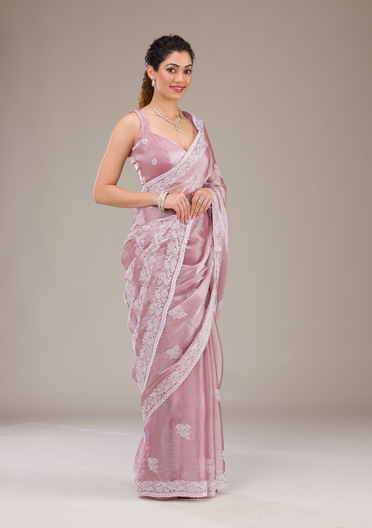 Onion Pink Threadwork Tissue Saree