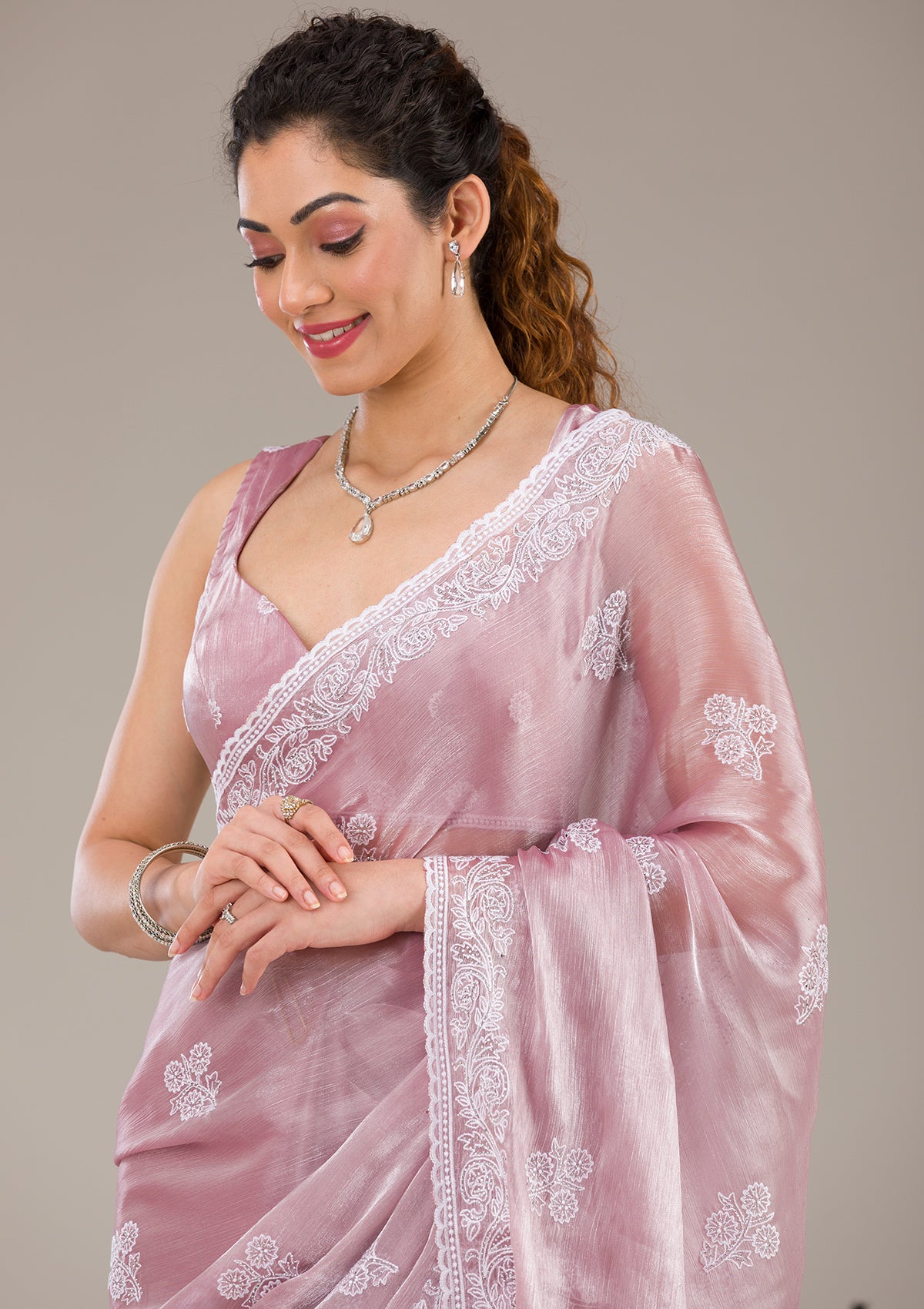 Onion Pink Threadwork Tissue Saree