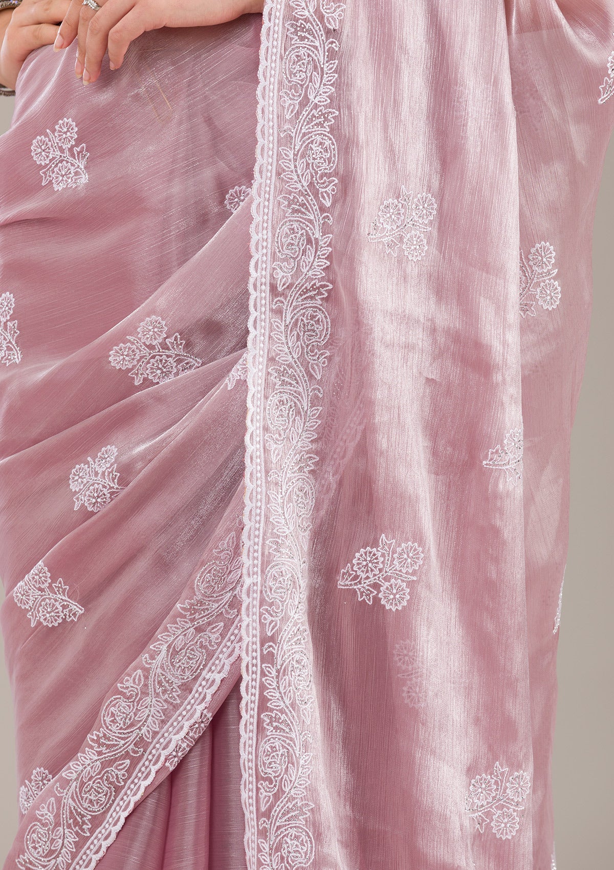 Onion Pink Threadwork Tissue Saree