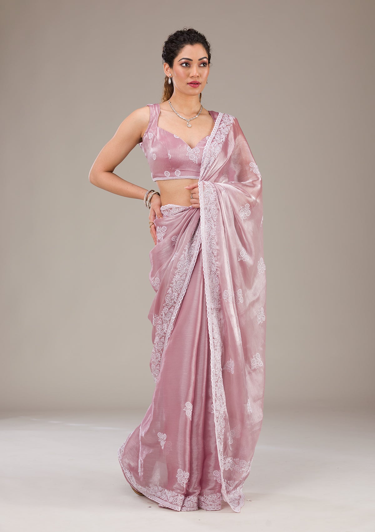 Onion Pink Threadwork Tissue Saree