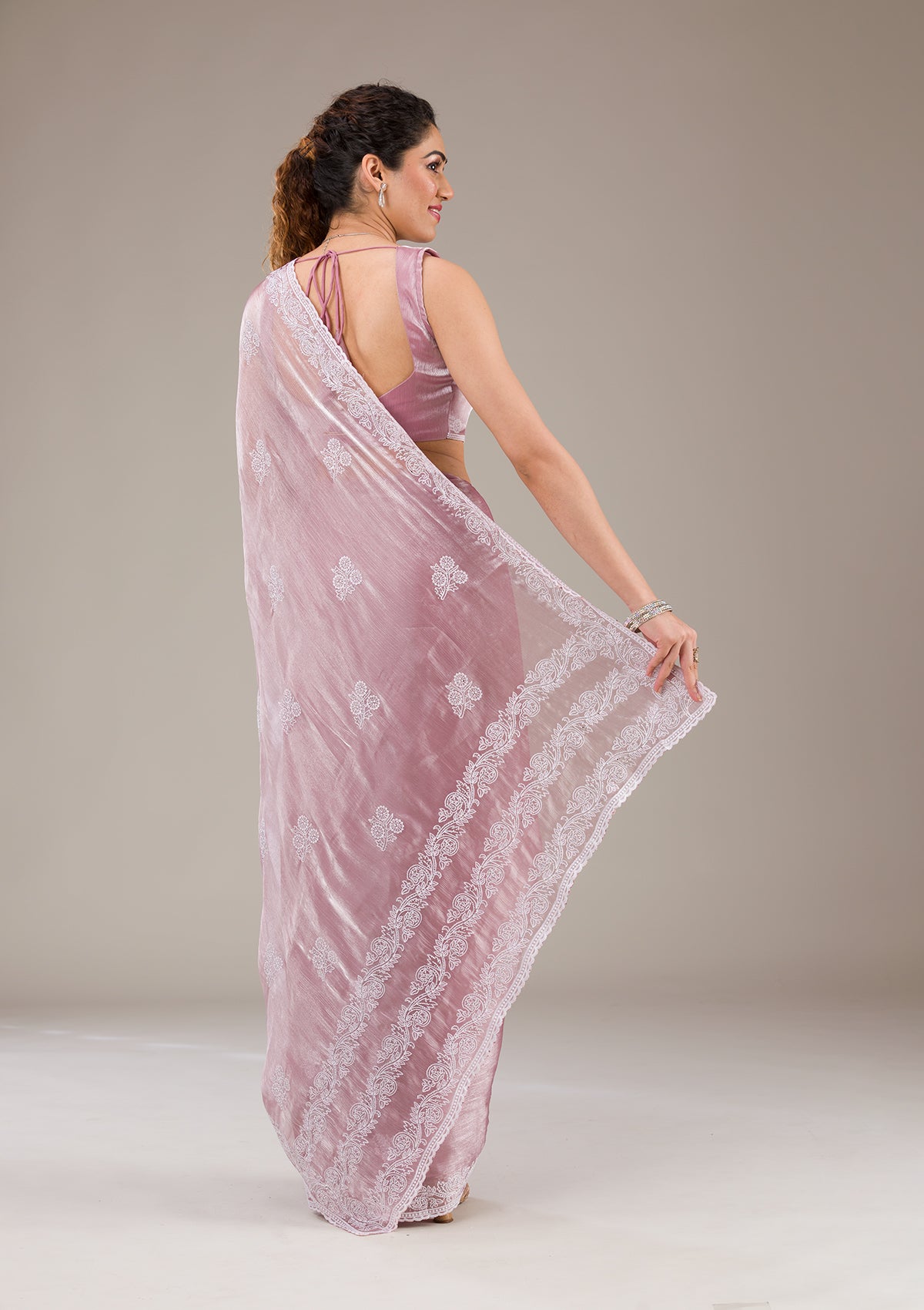 Onion Pink Threadwork Tissue Saree