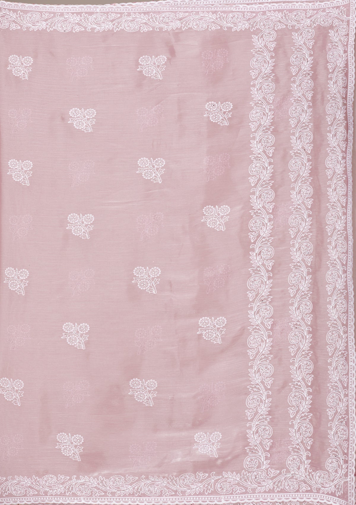 Onion Pink Threadwork Tissue Saree