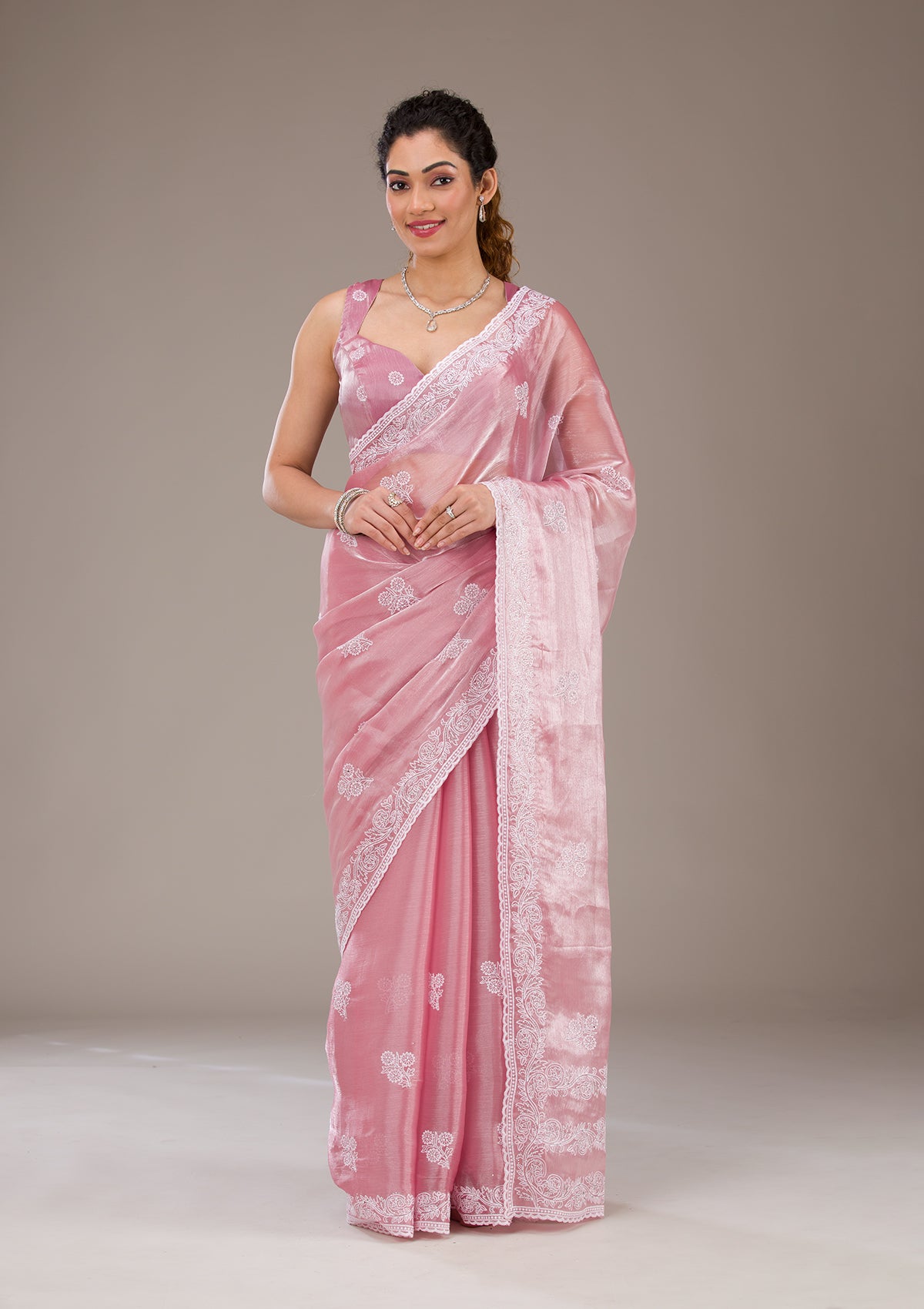 Onion Pink Threadwork Tissue Saree