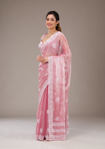 Onion Pink Threadwork Tissue Saree