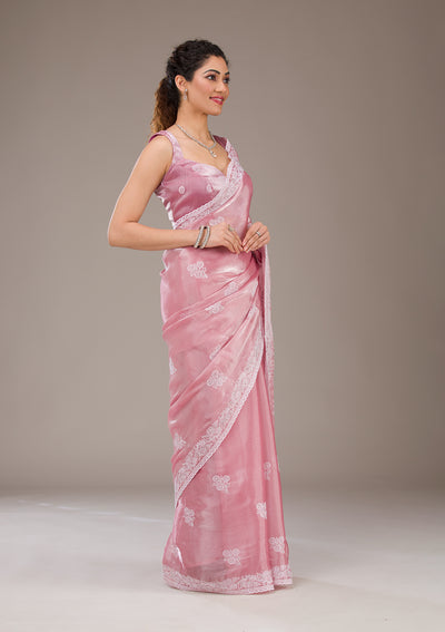 Onion Pink Threadwork Tissue Saree