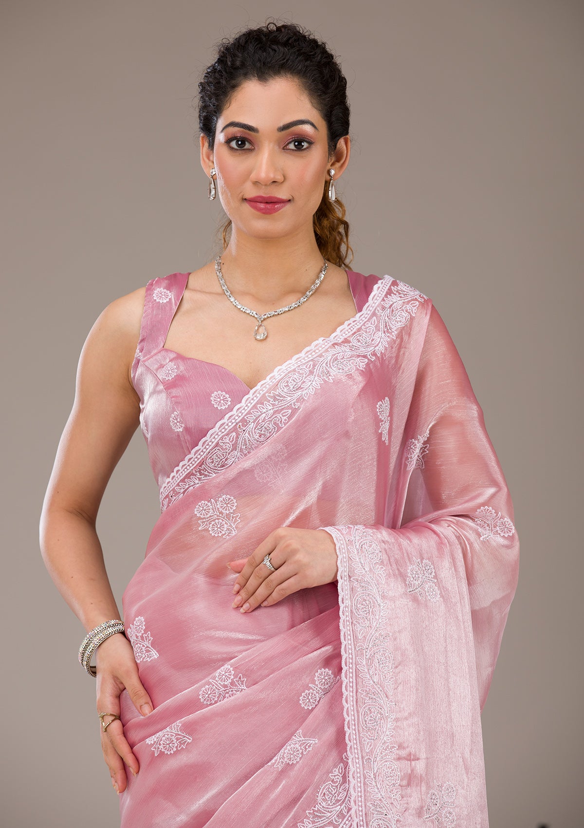 Onion Pink Threadwork Tissue Saree