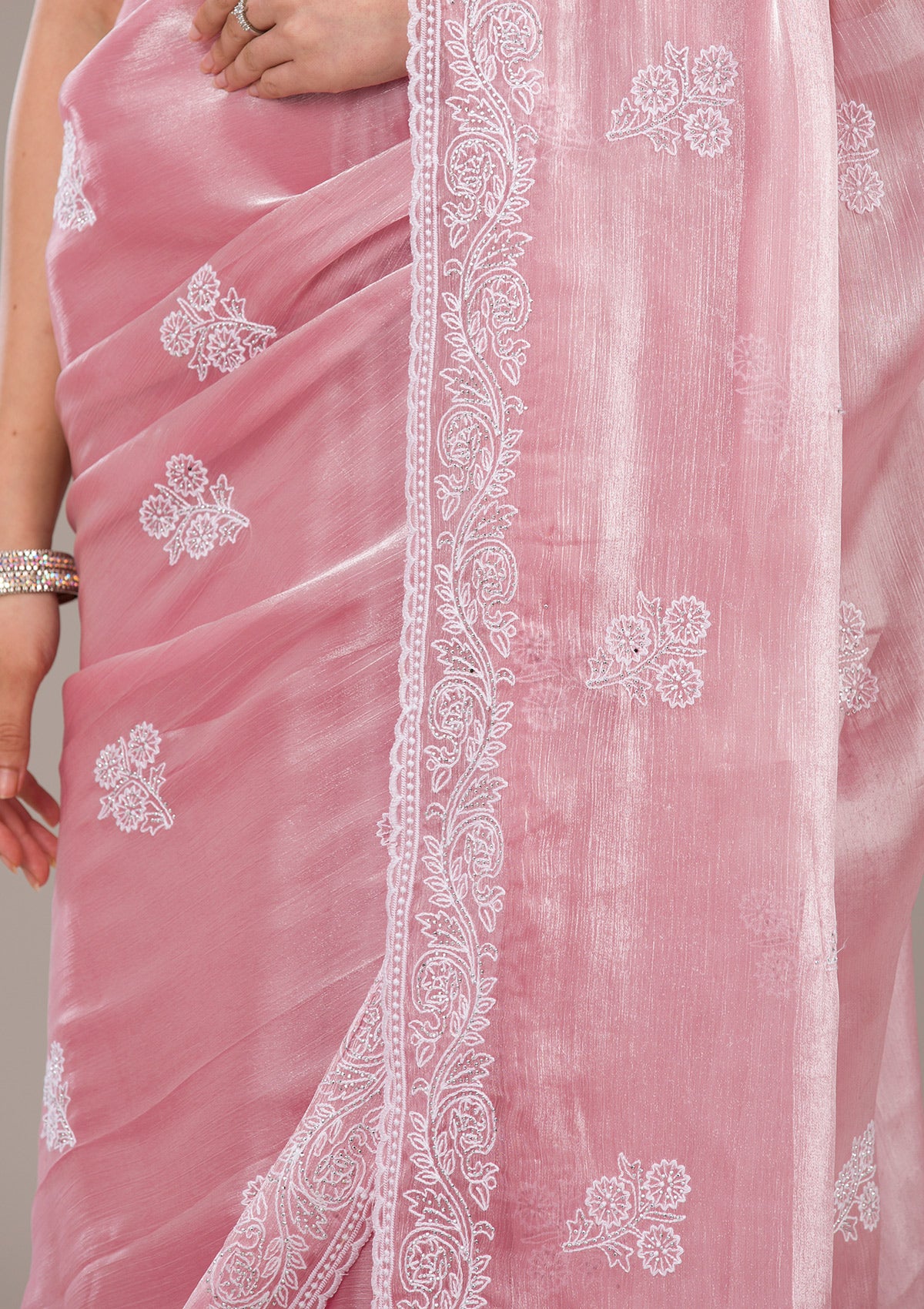 Onion Pink Threadwork Tissue Saree