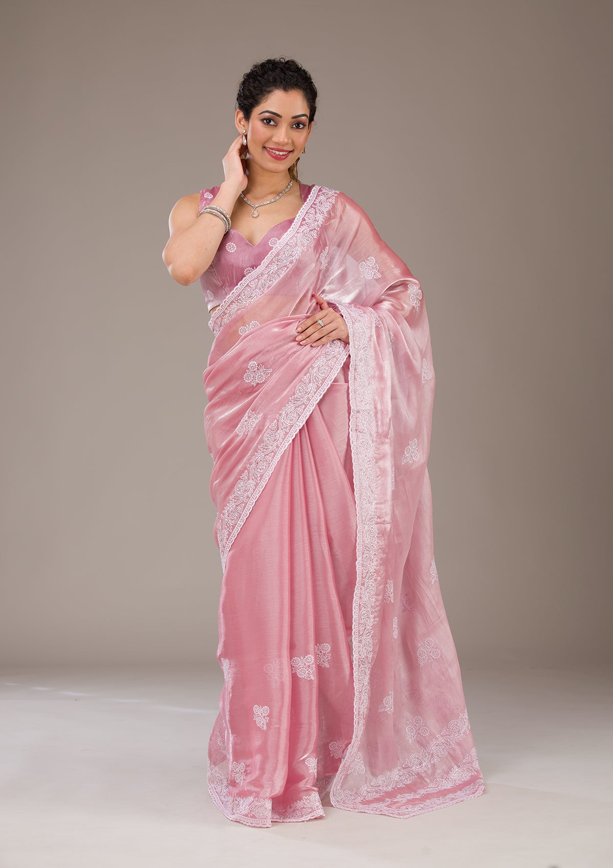 Onion Pink Threadwork Tissue Saree