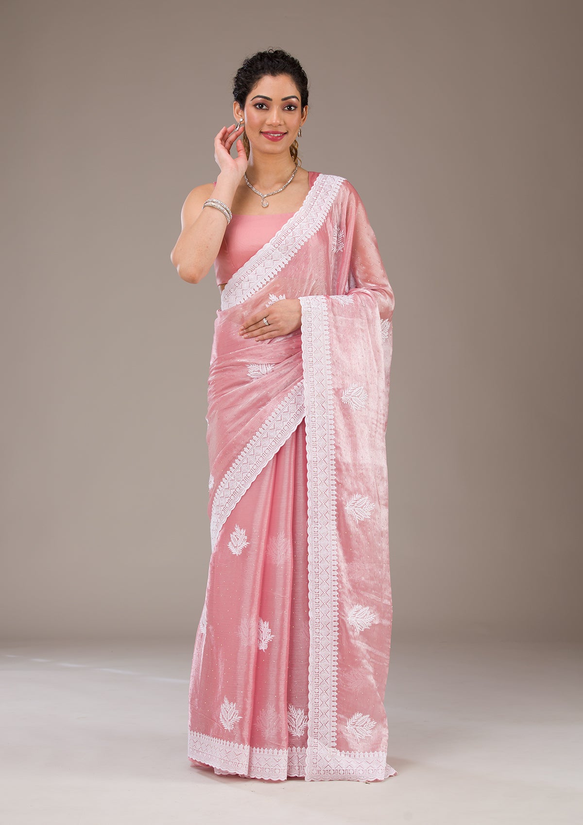 Onion Pink Threadwork Tissue Saree