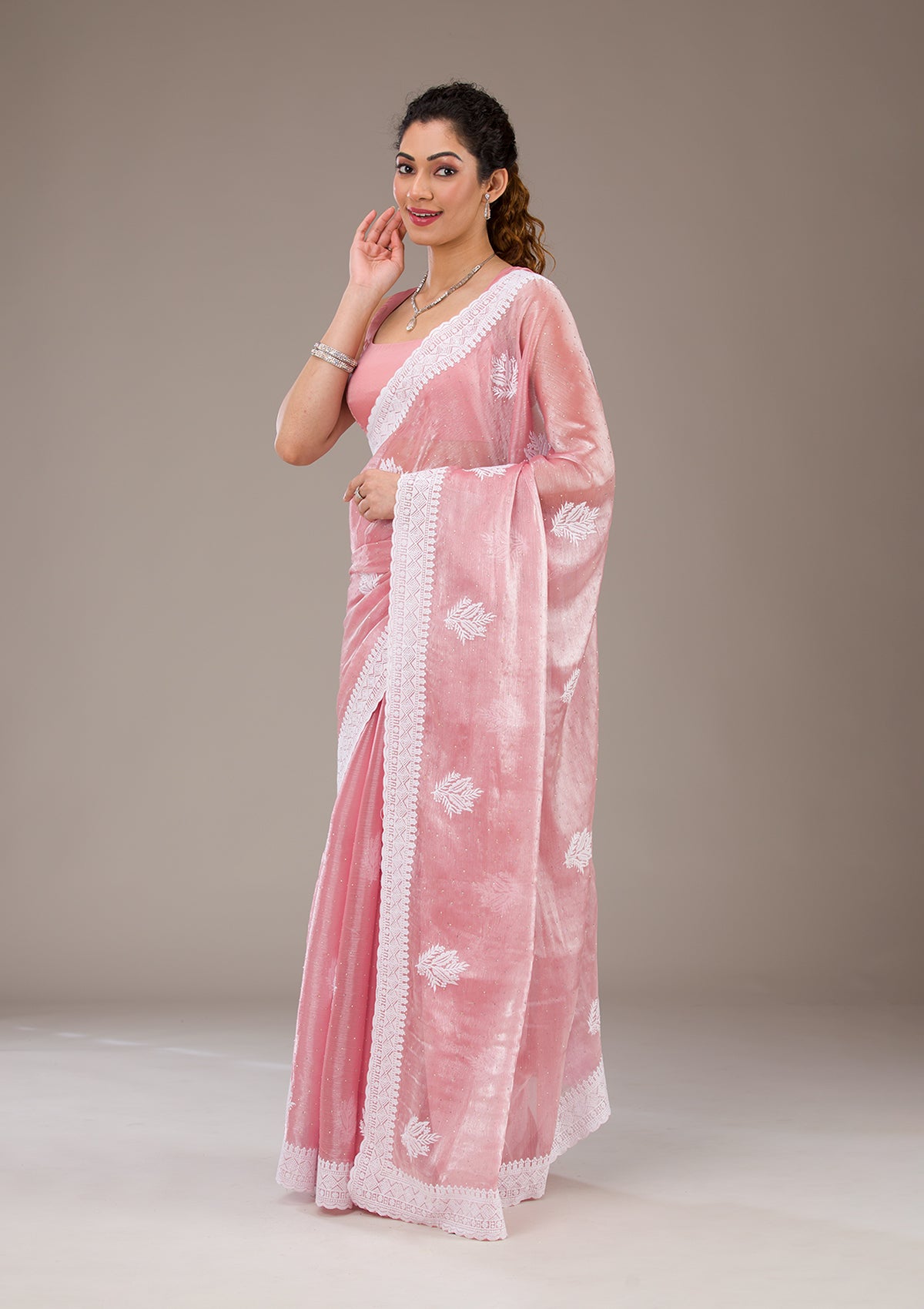 Onion Pink Threadwork Tissue Saree