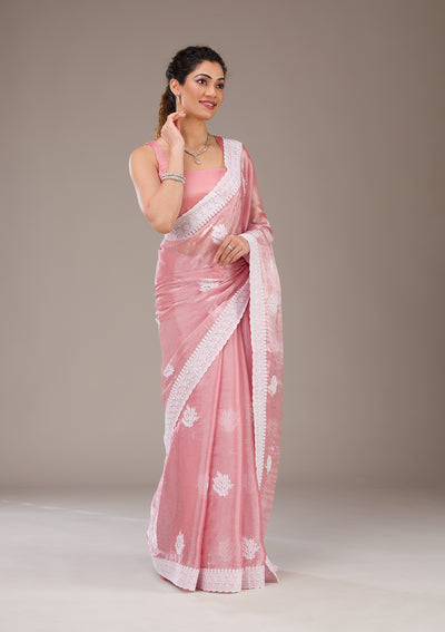 Onion Pink Threadwork Tissue Saree